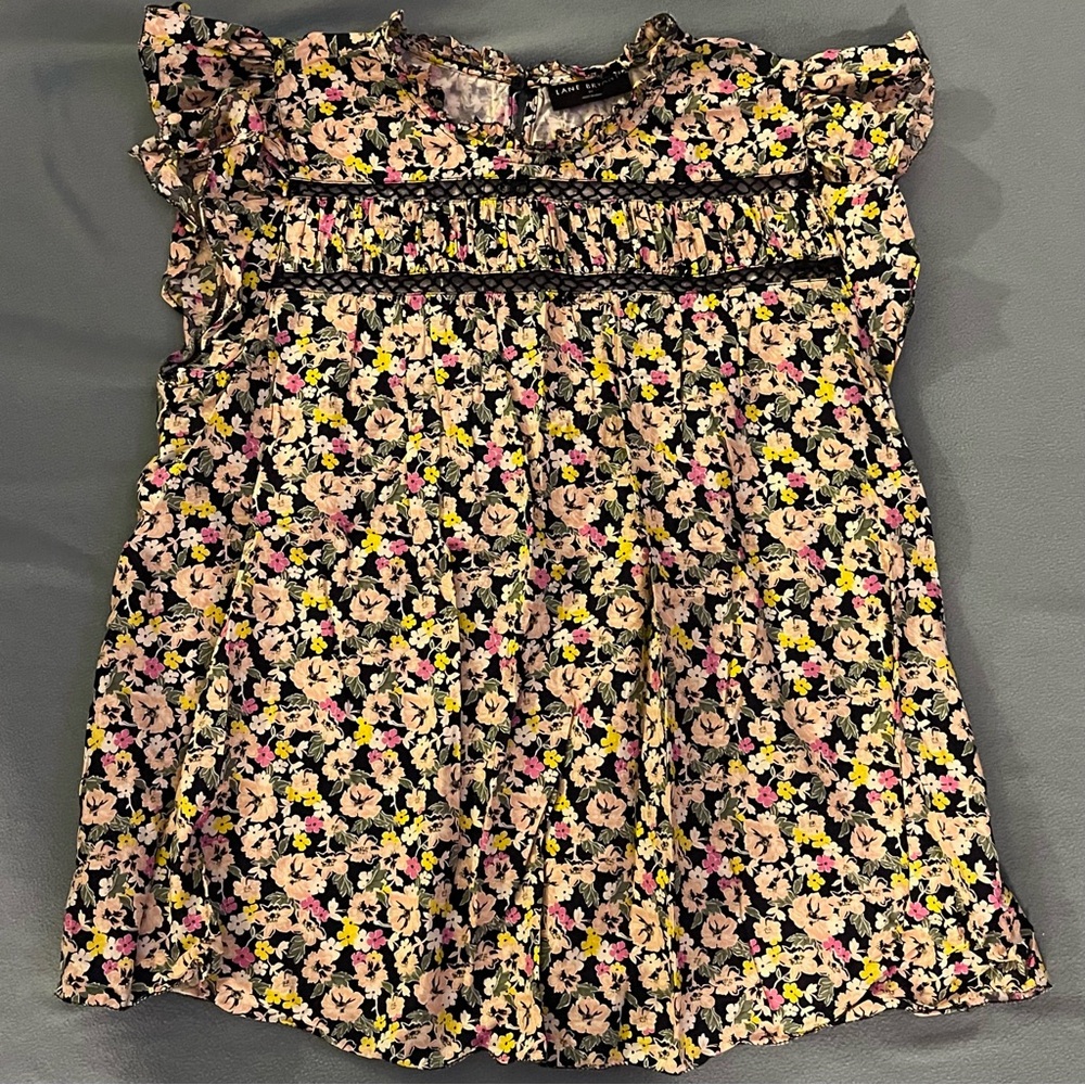 Floral Ruffle Sleeveless Top - Black with Pink & Yellow Flowers